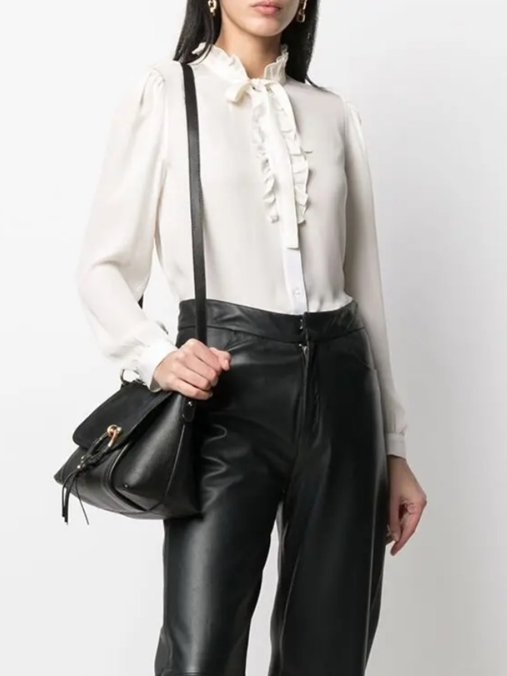 NILI LOTAN Ivory White Silk Sheer Ruffle-Trim Blouse